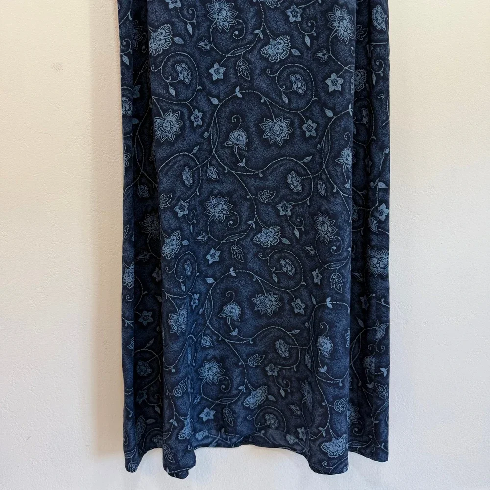 Vintage Charter Club Silk Maxi Dress 10 Navy Floral 90s Minimalist Dark Academia